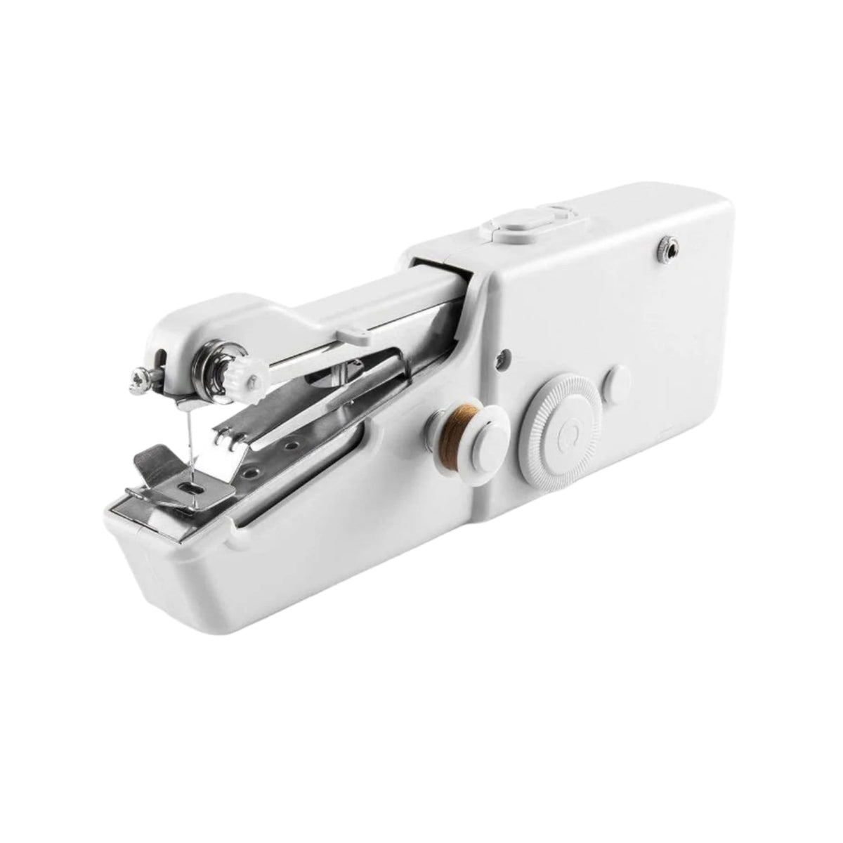 The mini electric sewing machine held in hand, illustrating its portable scale.