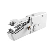 The mini electric sewing machine held in hand, illustrating its portable scale.