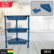 Close-up of the triangular design of the 3-tier plastic storage rack.
