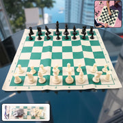 Portable chess set with big foldable vinyl board and black and white plastic pieces