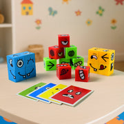 Educational emotion puzzle cube with colorful face expression blocks