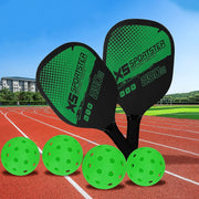 Two lightweight composite pickleball paddles paired with four perforated hard plastic balls