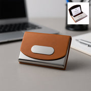 Premium leather business card holder with stainless steel base and brown PU leather