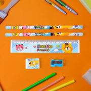 All items from the wooden stationery set for children neatly arranged.