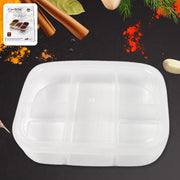 Top view of the empty 5 compartment lunch box, highlighting its spacious dividers.