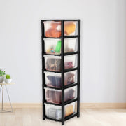 Side view of 6-layer plastic drawer storage cabinet showcasing sturdy frame