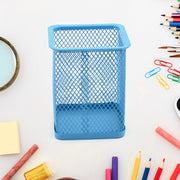 Sleek black metal mesh pen holder for a tidy office desk.