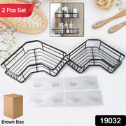 Close-up of self-adhesive black iron-coated stainless steel corner shelf organizer with hooks