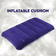 Close-up of the soft velvet flocked finish on the blue inflatable travel pillow.