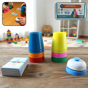 Cup Stacking Game Set featuring colorful cups and bell for kids