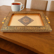 Rajwadi decorative serving tray with antique golden floral border and embossed center