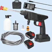 Cordless car washer gun in action, demonstrating powerful spray for vehicle cleaning.