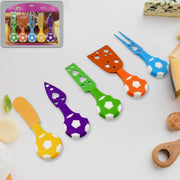 The complete soccer-themed cheese knife set arranged for display.