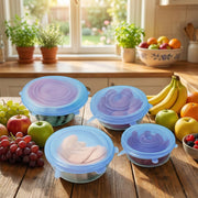Reusable silicone stretch lids sealing a bowl and a container