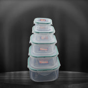 Side view of five versatile kitchen storage containers with snap-lock lids.
