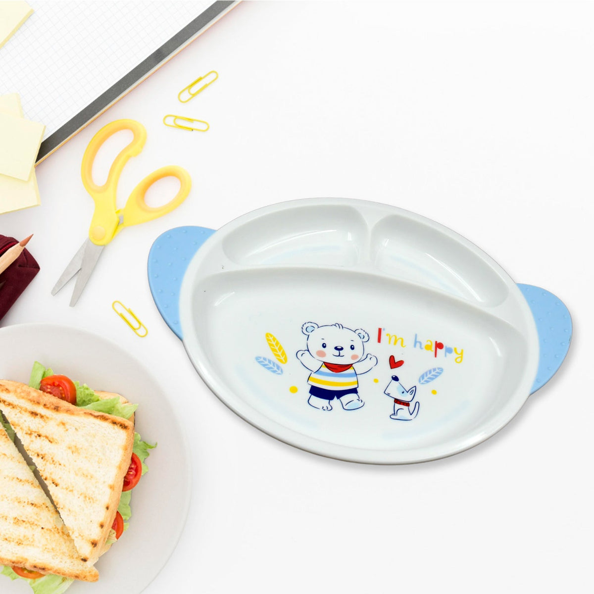 Cute cartoon design milk mug, part of the BPA-free baby feeding set.