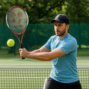 Professional tennis racket with lightweight aluminum frame in red and black design