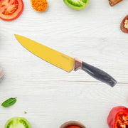 Yellow coated stainless steel blade close-up of kitchen knife set