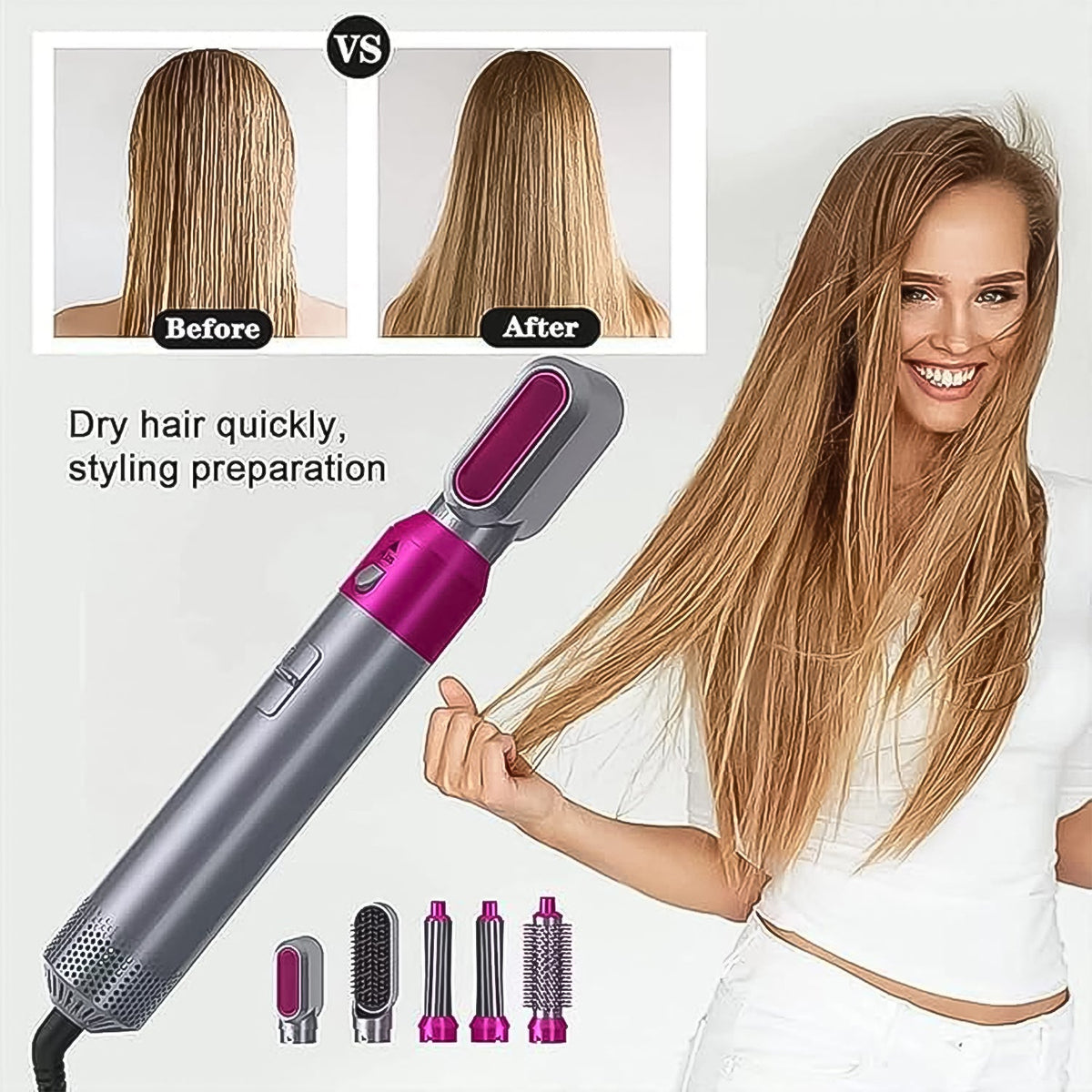 5 In 1 Hair Dryer Brush with Velva Curl attachment for curling hair