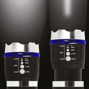Two close-up views of the flashlight's head, showing the adjustable zoom settings with different beam widths on a dark