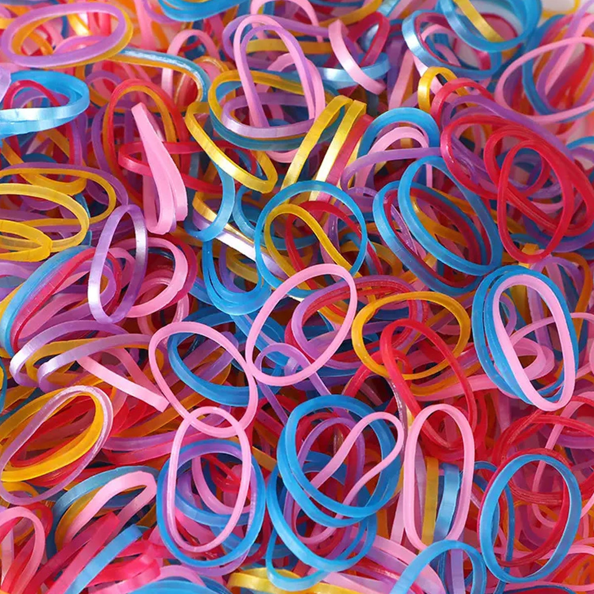 Assorted multicolor elastic rubber bands, 0.75 inch wide, for office and home organization.
