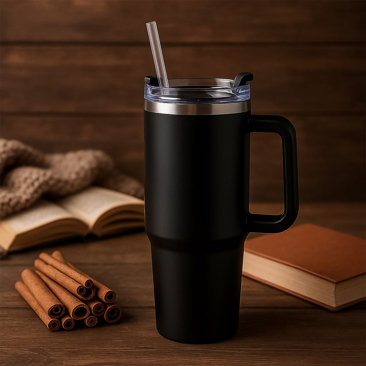 Travel mug standing upright showing the sturdy handle design