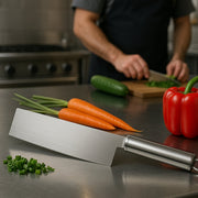 Vegetable cleaver knife displayed with measurement scale for size reference