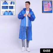 A man models a blue translucent rain jacket with a hood; inset images show closeups of the hood, sleeve, and snaps.