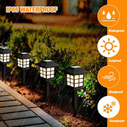 Four black solar garden lights illuminate a path at night, with rain falling and icons for weather resistance.