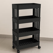 A 4-layer plastic storage rack, ideal for kitchen or bathroom, shown with wheels for easy movement.