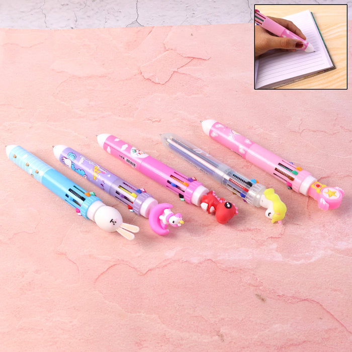 10-in-1 Multicolor Ball Pen – Smooth Writing with Cute Character Design