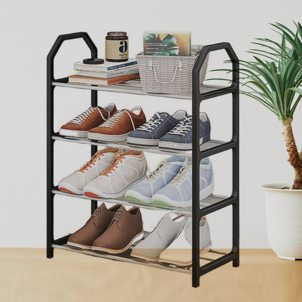 Side view of the portable shoe rack showing its sturdy aluminum and plastic construction.