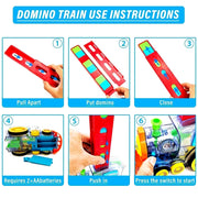 Transparent domino train set laying a long chain of colorful blocks.