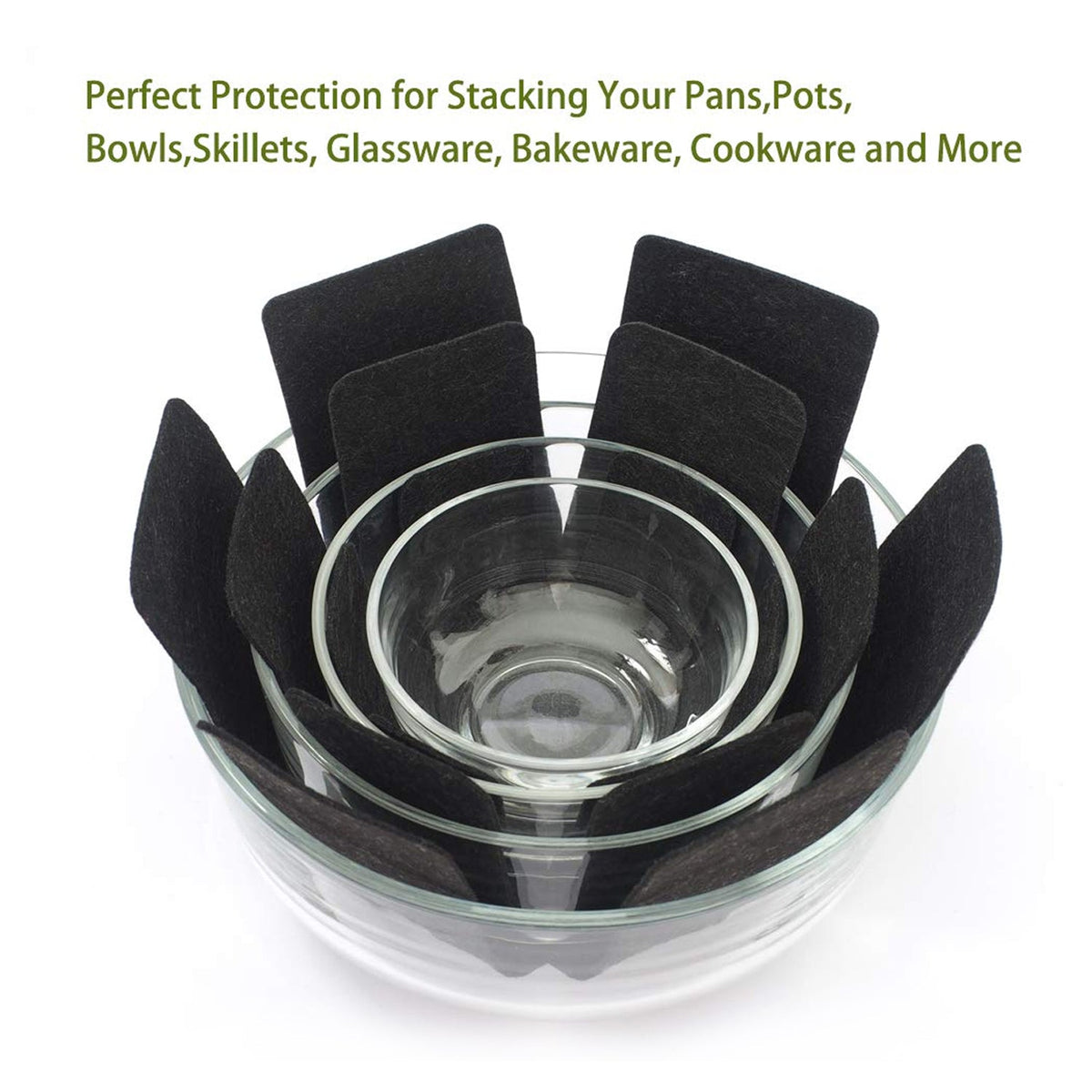 Pots and pans stacked with felt protectors between to avoid scratches and damage