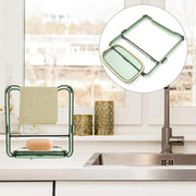 Compact dual-use bathroom organizer showing soap holder and towel bar