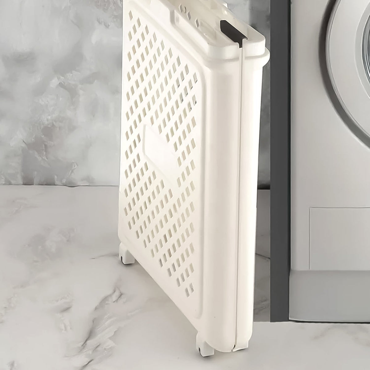 Laundry basket with wheels showcasing size scale and foldable feature