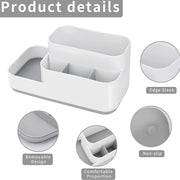 Clear plastic makeup organizer displaying various beauty products.
