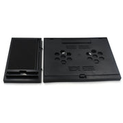 Compact foldable laptop stand with phone holder, ideal for desk and travel.