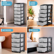 Front view of 6-layer plastic drawer organizer with stone texture and sturdy black frame