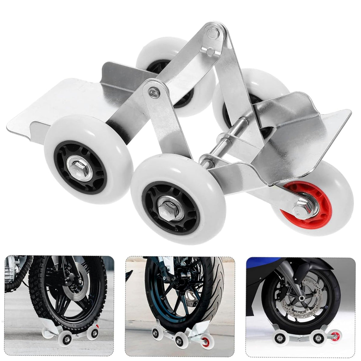 Motorcycle front wheel parking roller stand showing slip-resistant surface support