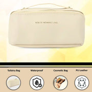 Travel organizer makeup bag with sturdy stitched handle for carrying