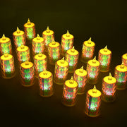 Assortment of multi-colored flameless LED tea lights creating a vibrant display.