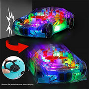 The transparent gear car toy demonstrating its bump-and-go feature, changing direction automatically.