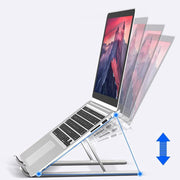 Side view of the metal portable laptop stand with a laptop, highlighting the ergonomic angle.