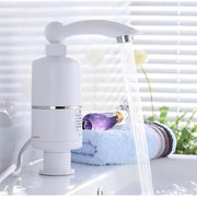 Close-up view of electric water heater faucet head with temperature control