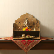 Wooden pooja mandir with top platform and lower shelf for idols and essentials