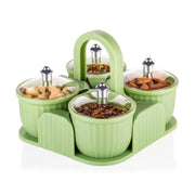 Side view of durable plastic food storage jars with various snacks inside.