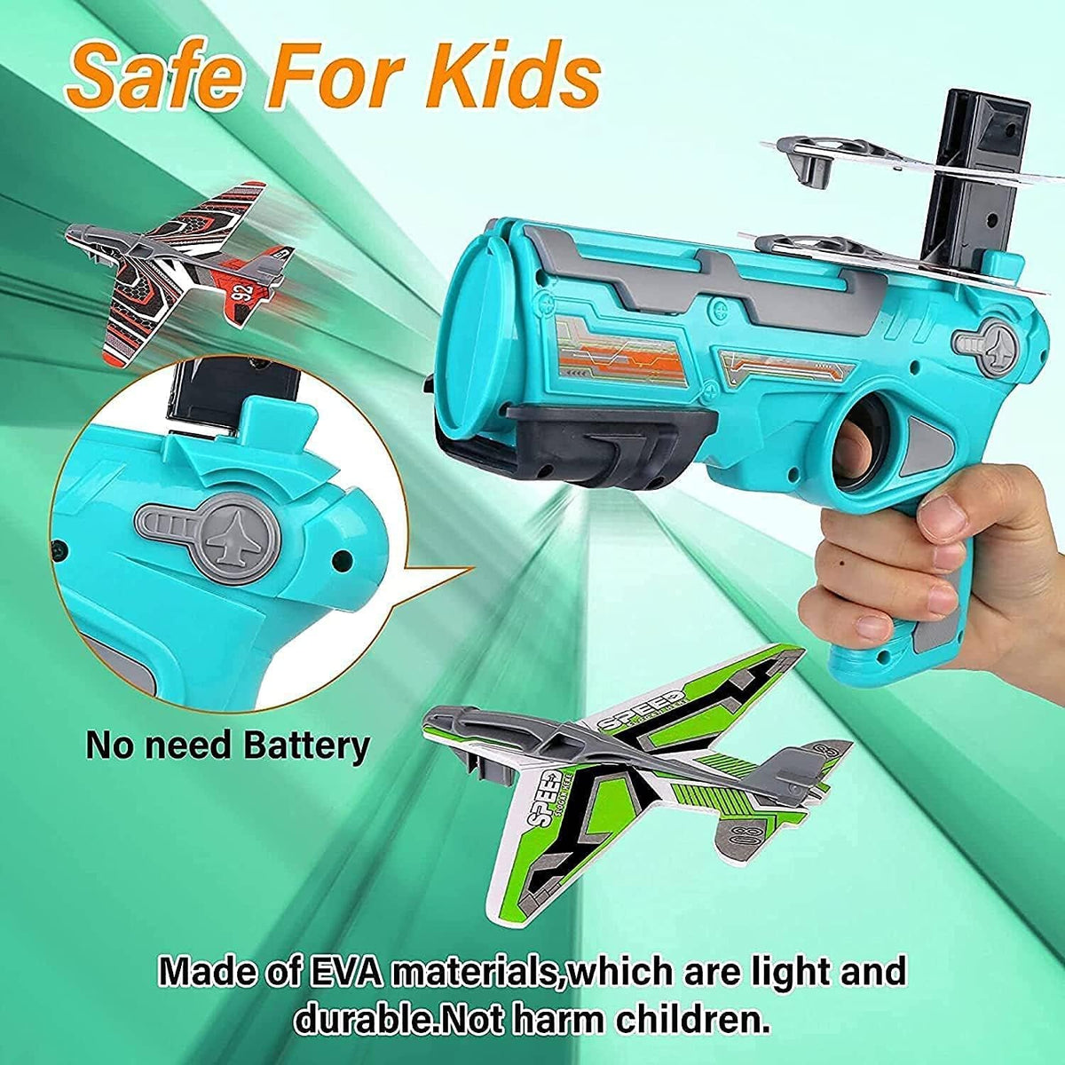 Complete aeroplane gun toy set with launcher and multiple foam gliders.
