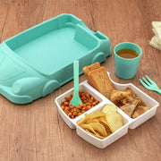 Close-up of the BPA-free kids dinnerware set showing the ergonomic spoon and fork.