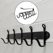 Close-up view of rust-proof iron hooks on the metal cup holder rack.